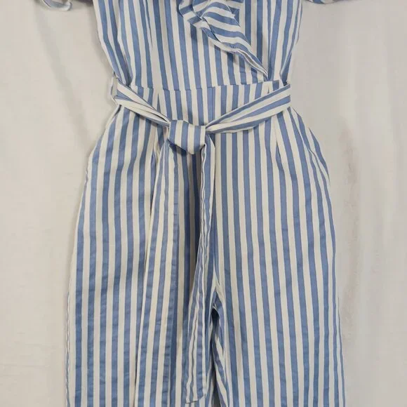 Main Strip, Blue & White Stripe, Off Shoulder Jumpsuit, Spaghetti Straps, Medium - Picture 5 of 14